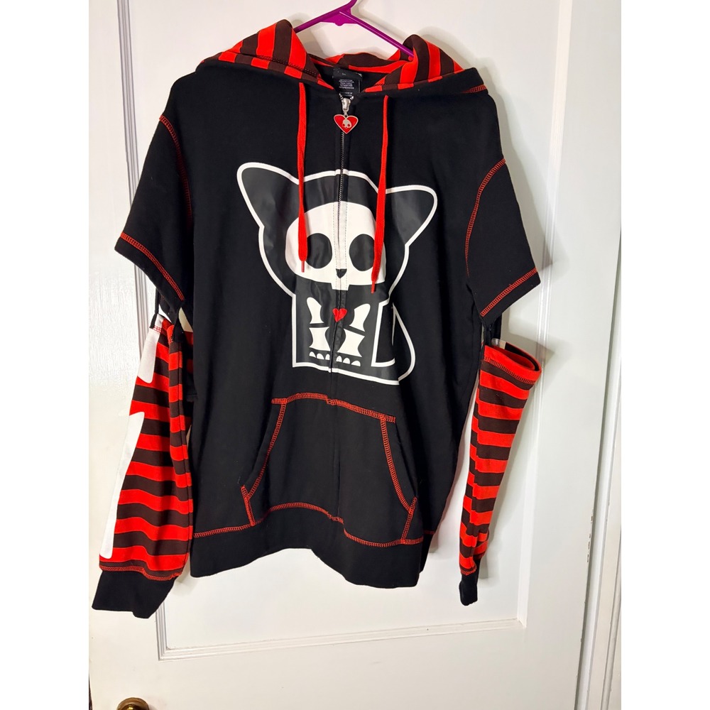 Skelanimals Kit the Cat Zip Up Hoodie Detachable Sleeves Red Black Striped Small